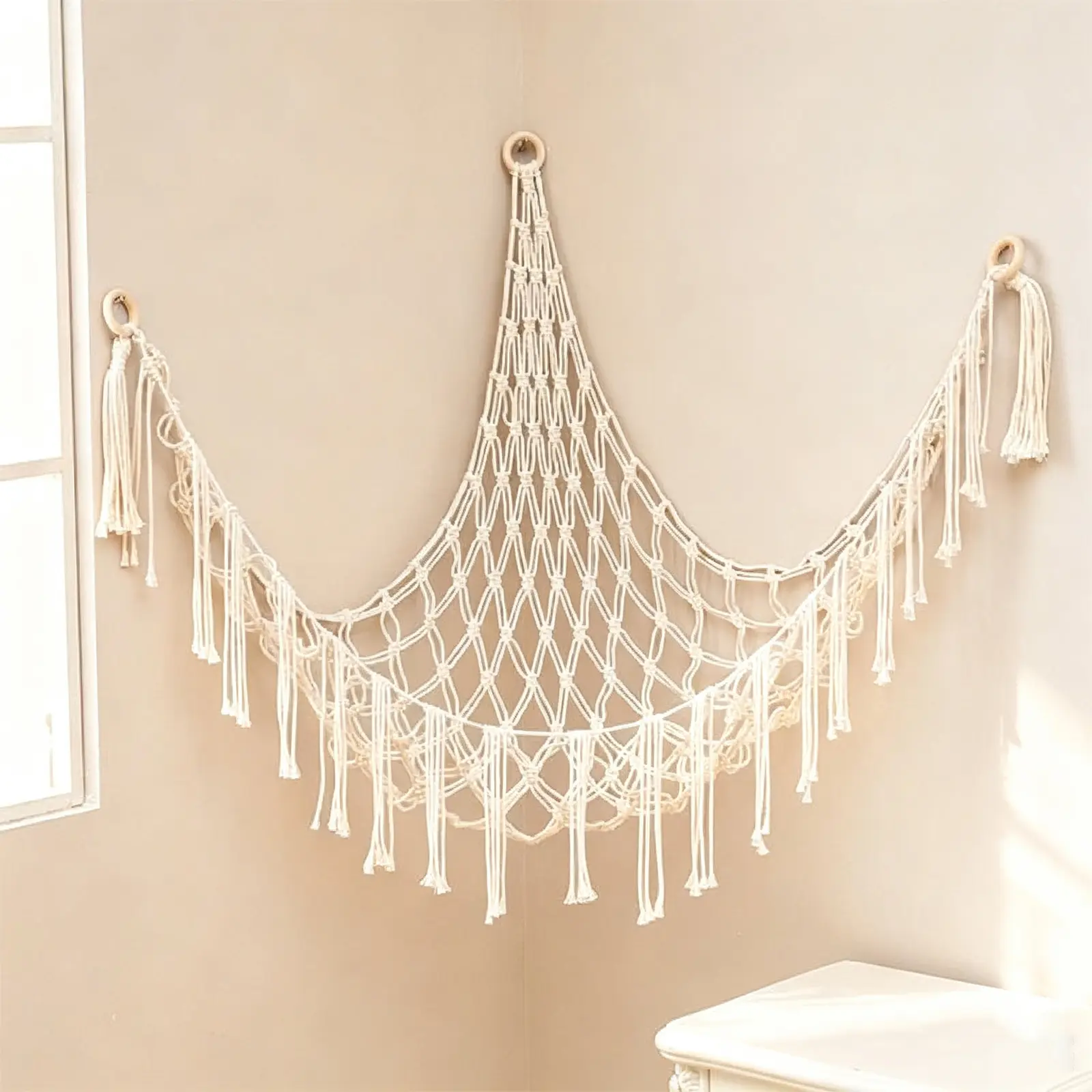 60in Plush Toy Hammock Hanging Net - Hangable Boho Stuffed Animal Corner Hanging Net, Practical Cotton Organiser for Bedroom Nursery Decoration Ornaments