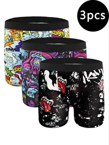 Men's Graffiti Print Underwear (3-Pack), European Style Basketball Casual Sports Briefs, Trendy Men's Lingerie Set, Stretchy Boxer Briefs