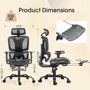 Ergonomic Office Chair with Footrest, High Back Mesh Computer Chair with Adjustable Lumbar Support, Rolling Swivel Desk Chair for Home Office, Gaming Chair with Headrest and Wheels, Black