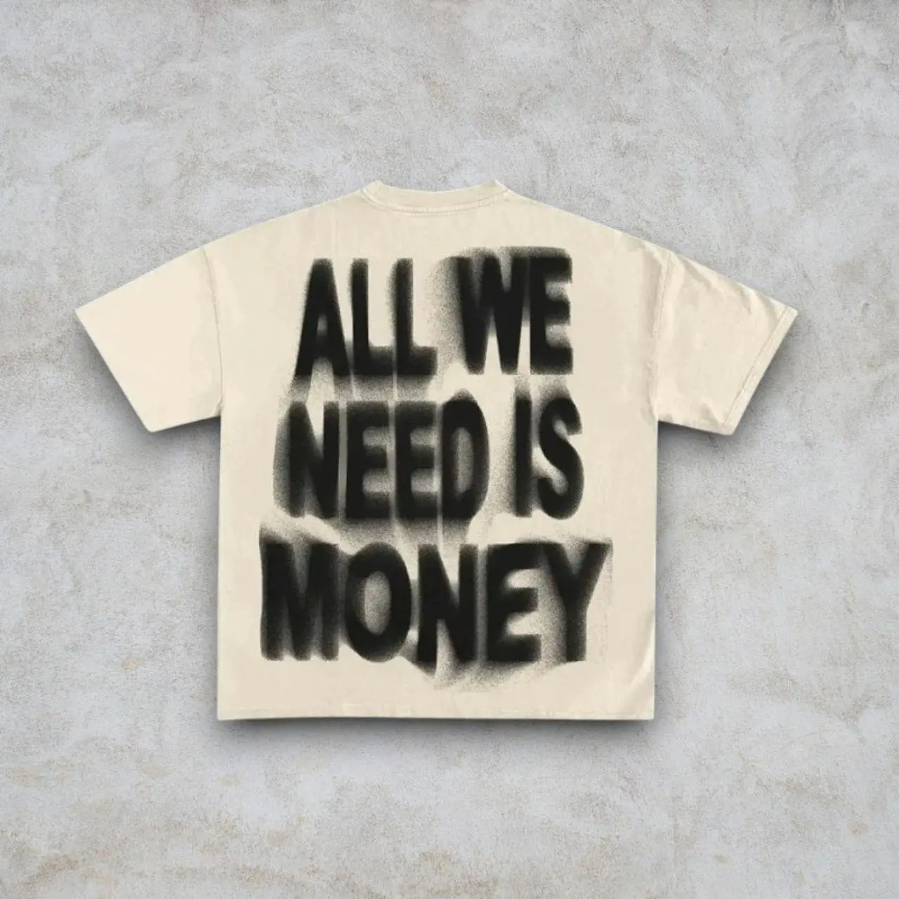 A-All We Need Is Money Airbrush Graphic T-Shirt | Premium Heavyweight Cotton Oversized Streetwear Tee | Cream Off-White Boxy Fit Retro Shirt | Urban Aesthetic High Quality Apparel | Graffiti Style Back Print | Drop Shoulder Top | Streetwear Luxe | Unisex