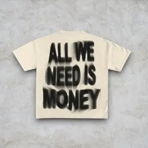 A-All We Need Is Money Airbrush Graphic T-Shirt | Premium Heavyweight Cotton Oversized Streetwear Tee | Cream Off-White Boxy Fit Retro Shirt | Urban Aesthetic High Quality Apparel | Graffiti Style Back Print | Drop Shoulder Top | Streetwear Luxe | Unisex