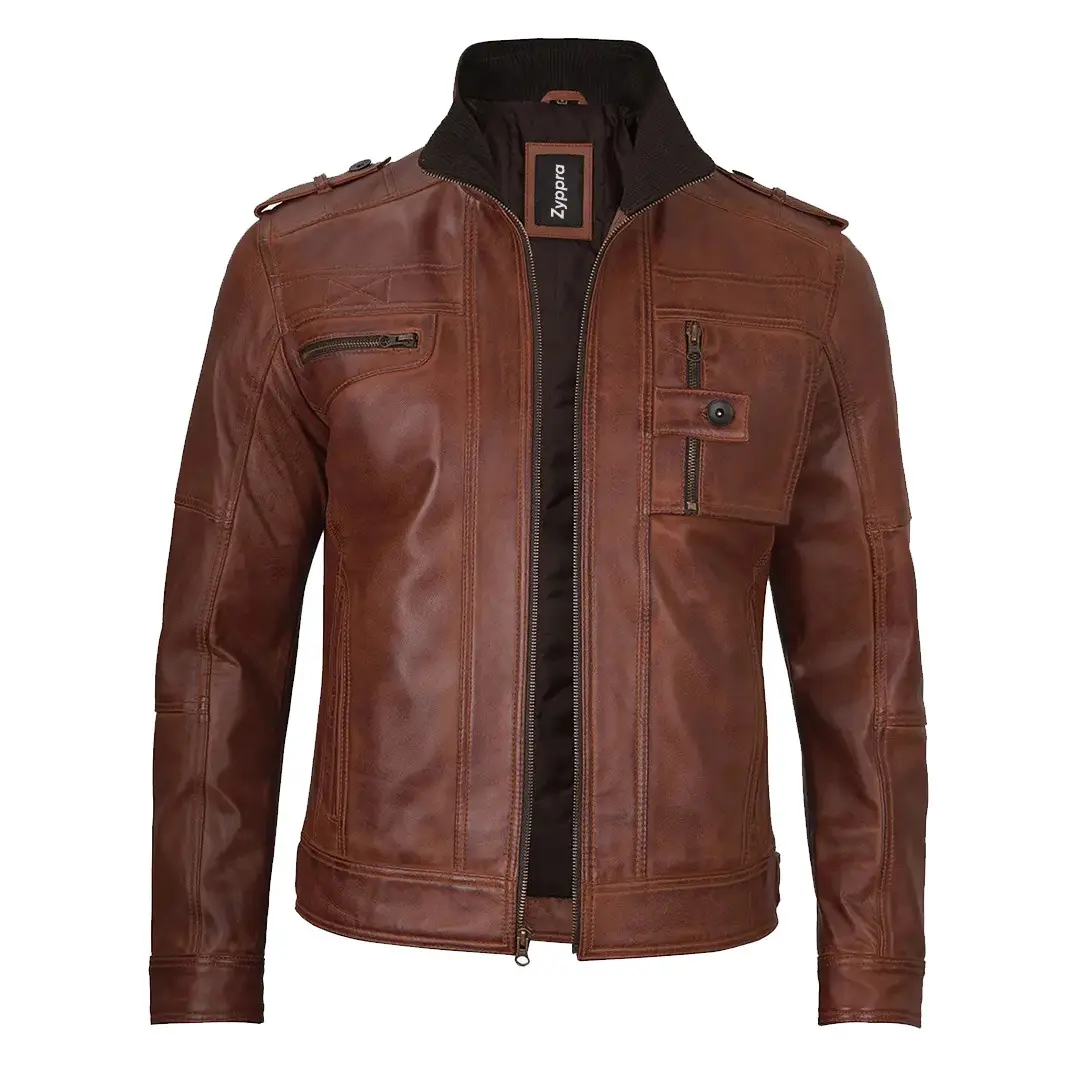 Men's Cognac Waxed Biker Leather Jacket – Rugged & Stylish Motorcycle Outerwear