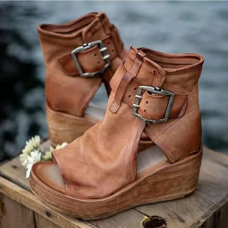Chic Peep Toe Wedge Sandals for Women, Elegant Mid Heels with a Hollow Cutout Design and Buckle for a Beach Party, Stylish, Buckle Decor, Fashion, Shoe