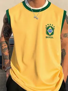 Men's Brazil Flag Print Tank Top, Vest Top, Regular Fit Casual Comfy Sleeveless Top for Summer, Men's Clothes for Daily Wear, Socks