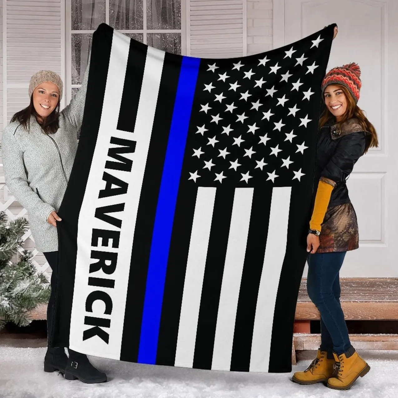 Personalized Thin Blue Line Flannel Blanket | Custom Police Officer Blanket | Customized Law Enforcement Gift | Back the Blue Throw
