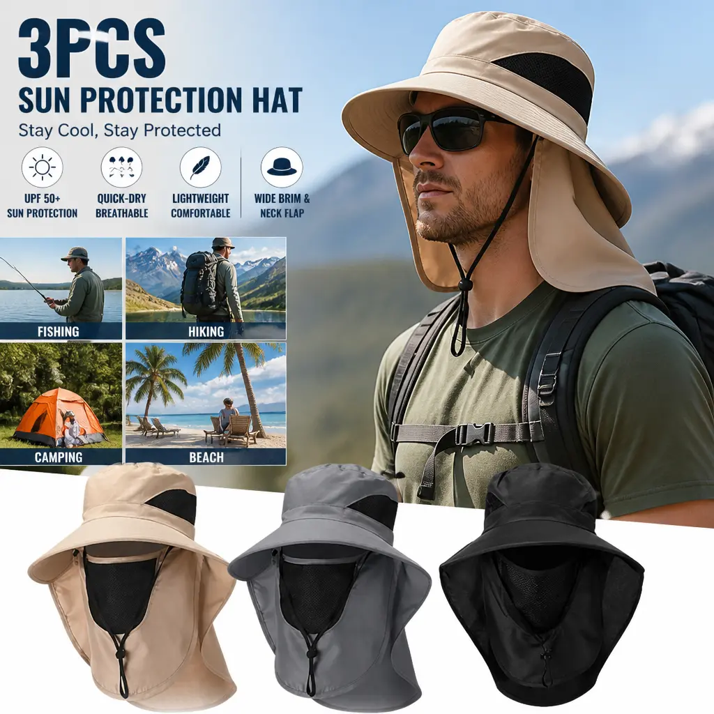 3pcs Adults Wide Brim Bucket Hat - UPF 50+ UV Protection Beach Hat with Face & Neck Cover, Lightweight Fishing Cap for Outdoor Hiking Camping, Summer Deals