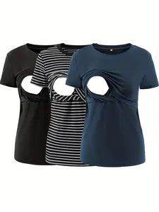Women's Rib Knit Maternity Nursing Tops, Short Sleeve Double Layer Breastfeeding Shirts, 3 Pack