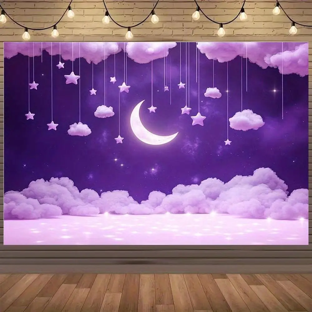1pc Soft Durable Polyester 2D Flat Moon and Stars Backdrop - Purple Clouds, Night Sky, Glam Design - Photography Background for Parties - No Electricity Needed, Party