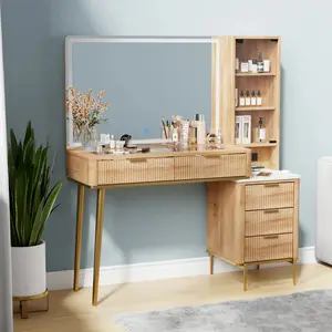 OKD Vanity Set with Mirror – Tri-Color Lights, 5-Drawer Glass Top Makeup Cabinet, Built-In Power Outlets, 3-Tier Storage Shelf