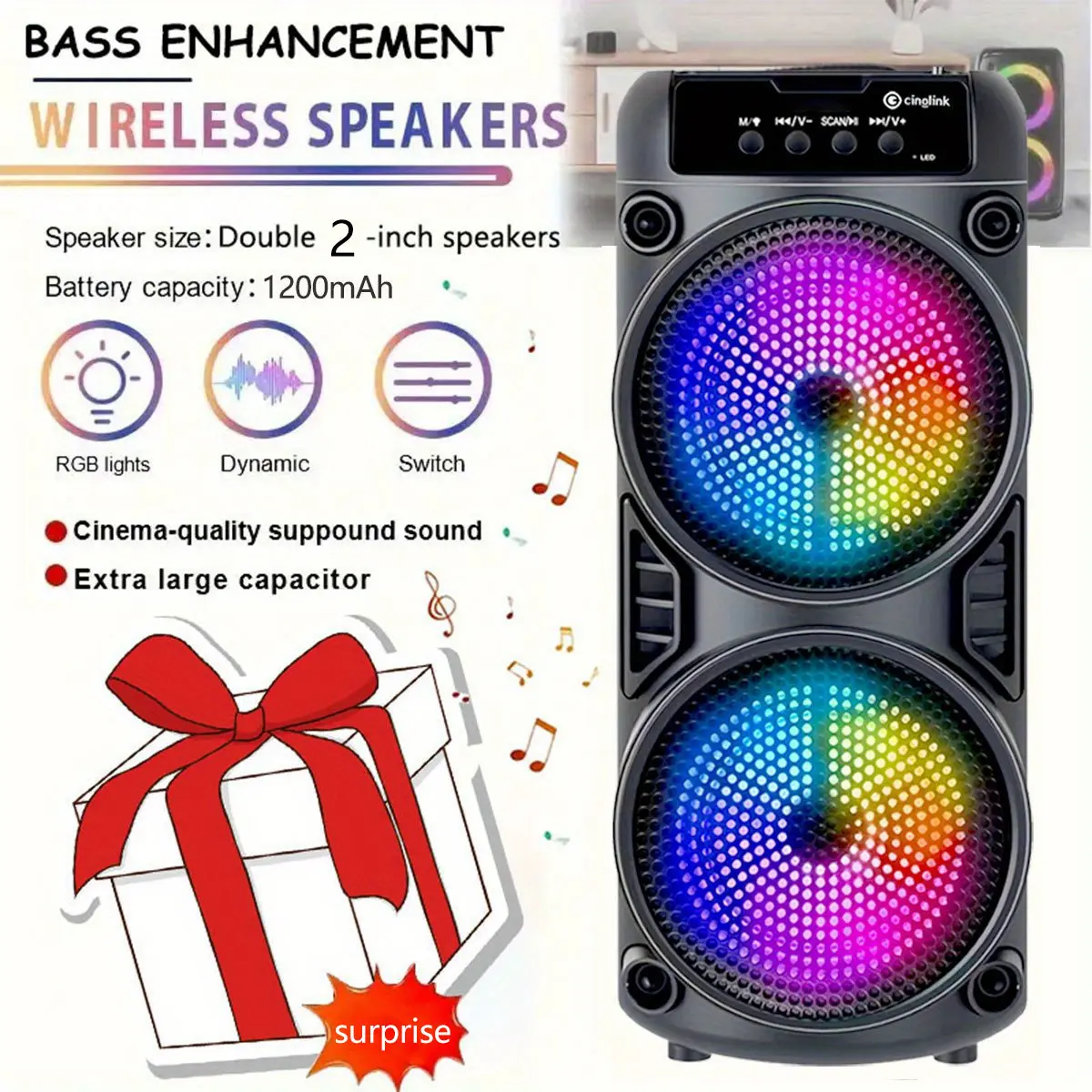 Portable wireless Bluetooth speaker with LED lights—a mini, compact speaker for outdoor camping. Features a USB Type-C port, TF card slot, and wireless pairing. Ideal for parties/disco nights, outdoor leisure activities, and indoor dancing. Audio