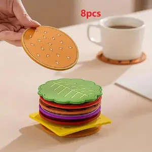Creative Hamburger Shaped Round Coaster, 8pcs/set Household Non-slip Heat Insulation Coaster Set for Drinks, Tabletop Protection for Home Kitchen Dining Table Decor