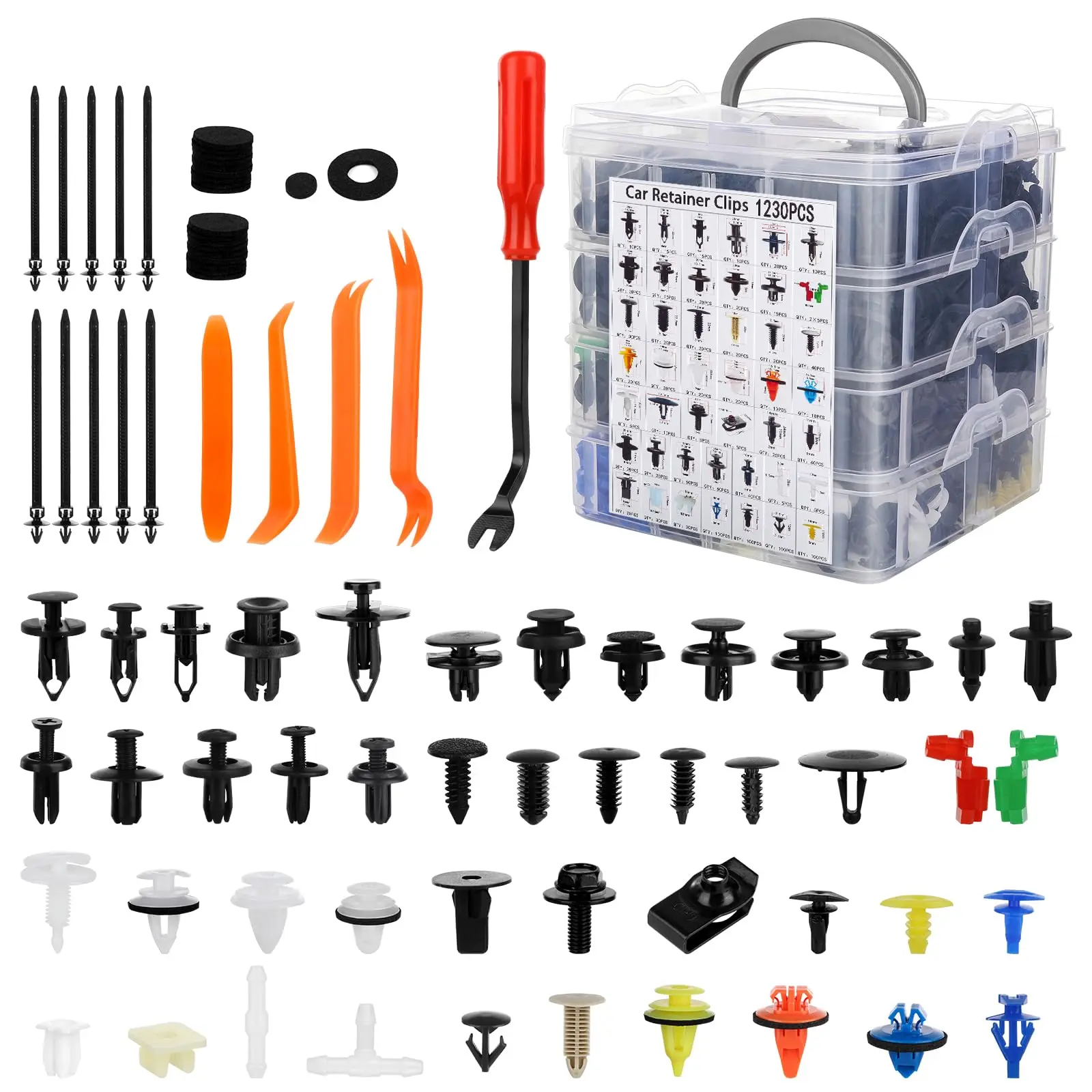 1105PCS OEM-Quality Nylon Car Retainer Clips & Fasteners Kit (OutdoorFun) - 32 Universal Sizes, Bumper Fender Rivets, Door Panel Plastic Rivets, 10 Cable Ties, Removal Tool for Toyota, Car Accessory, Auto Accessories