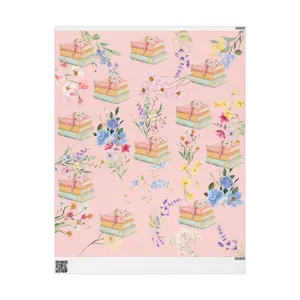 Stacked Books Floral Pattern Wrapping Paper Pink Book Lover Paper High Definition 90 gsm Fine Art Paper Glossy Smooth Matte Finish 30x36 30x72 30x180 Inches