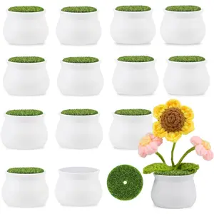 2 Inch Little White Pots, 12 Pack Plastic  Pots with  and Simulated Lawn for Crochet  Knit  DIY Craft  Desk Decor