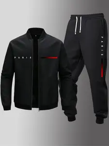 Men's Letter Print Zip Up Jacket & Elastic Waist Sweatpants Set, Regular Fit Cozy Breathable for Daily Outdoor Wear, Spring & Fall, Athletic Tracksuit, Casual Sportswear, Streetwear Tracksuit Set, Sweatsuit Set, Athleisure Sweatsuit, Training Tracksuit