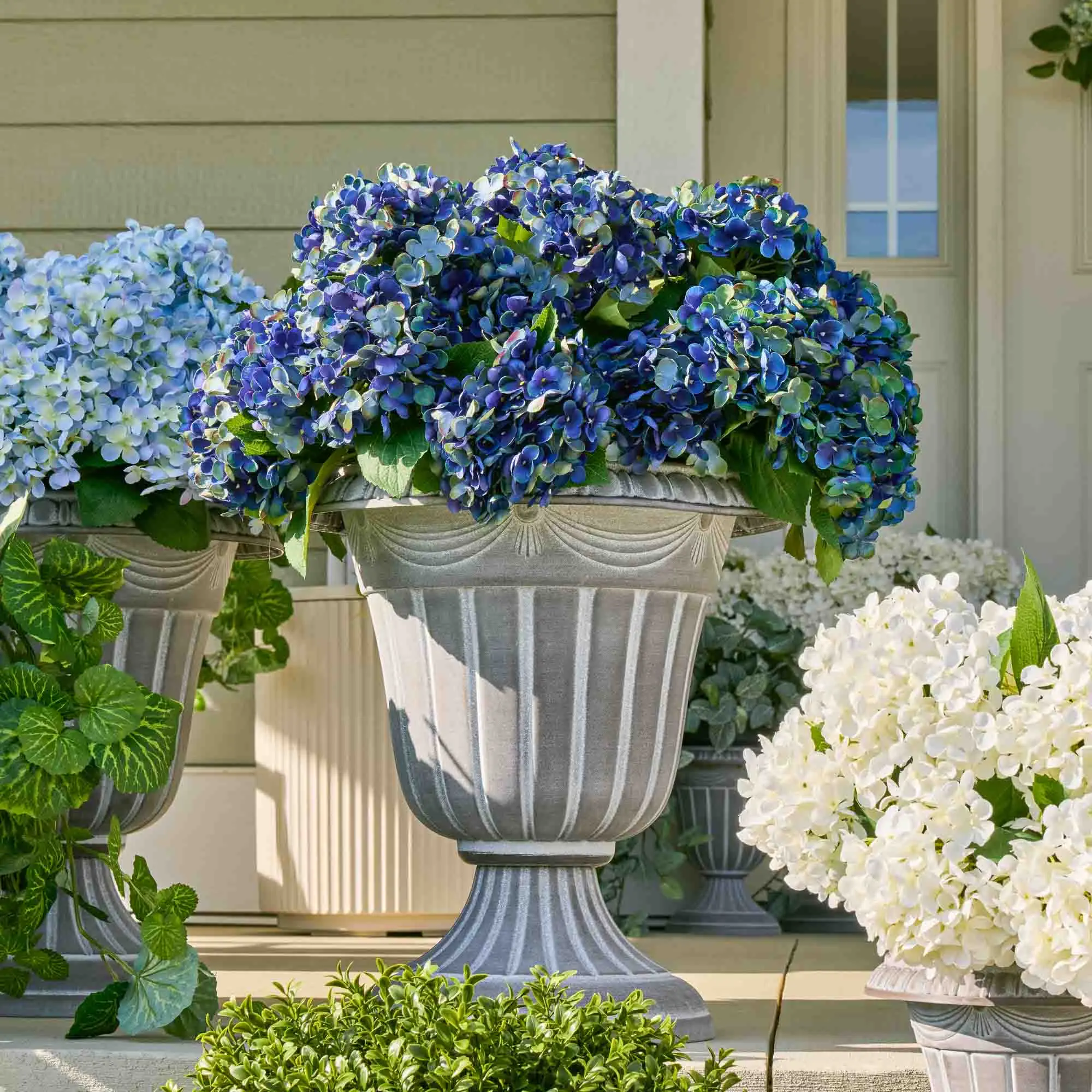 Deep Blue Faux Hydrangea Bush Outdoor Summer Fall Arrangement Urn Filler - Available in 2 Sizes
