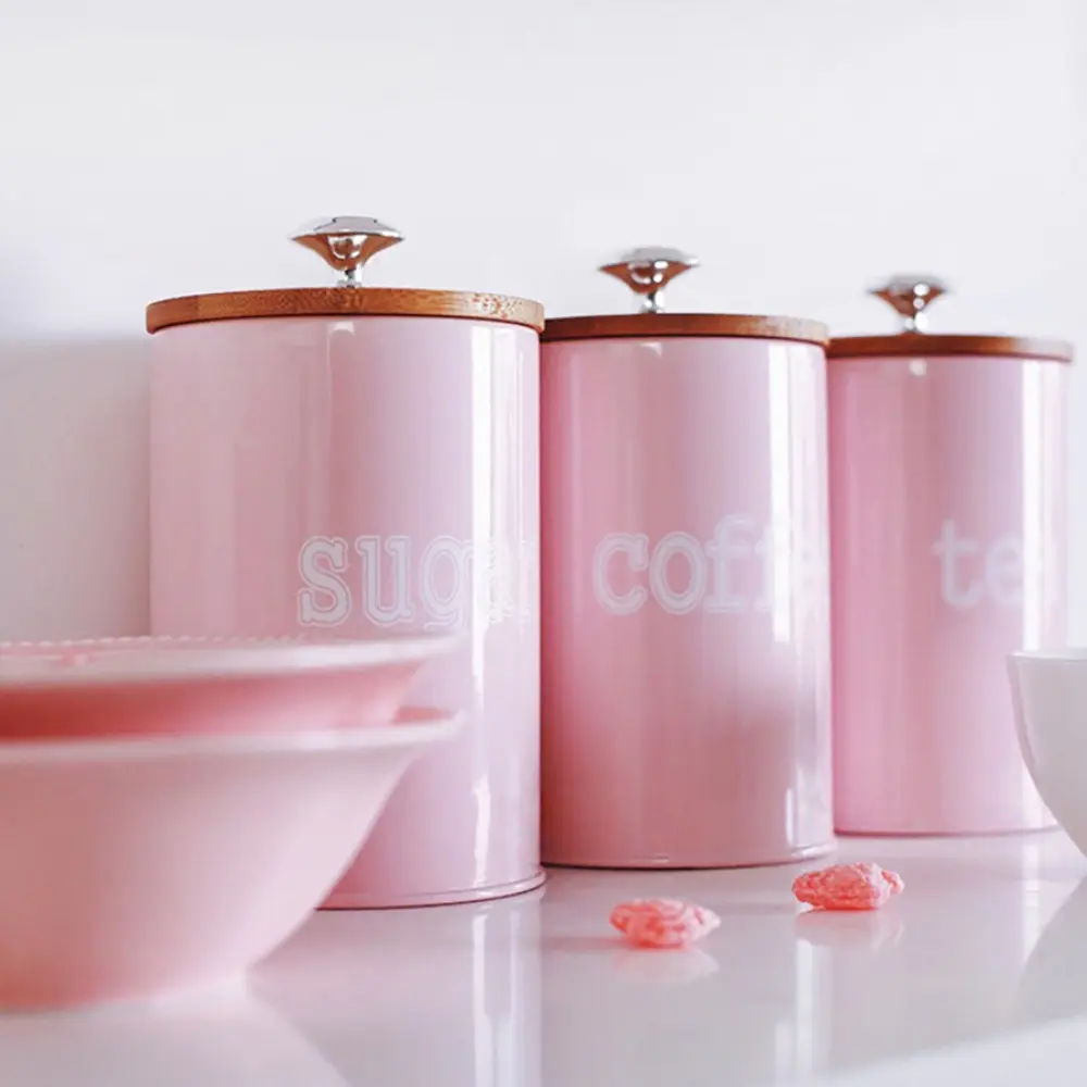 3 Piece Sealed Kitchen Food Storage Canisters, Preserving Containers with Bamboo Lid, Store Tea Coffee Sugar, Sugar Storage, Fits Cabinets and Countertops, Three Colors Available