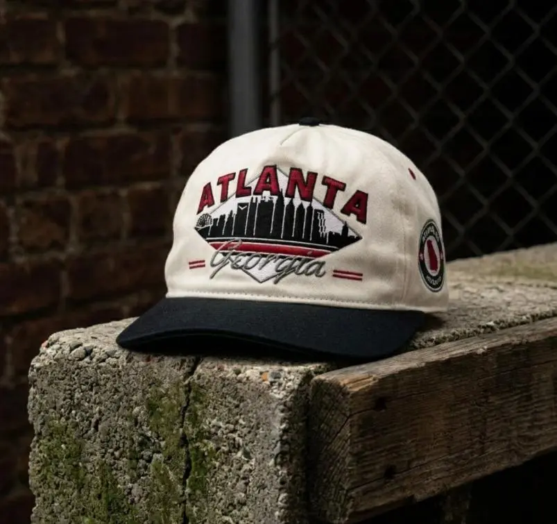 Vintage 90s Atlanta Skyline 5-Panel Snapback | Retro Green Brim Streetwear Hat