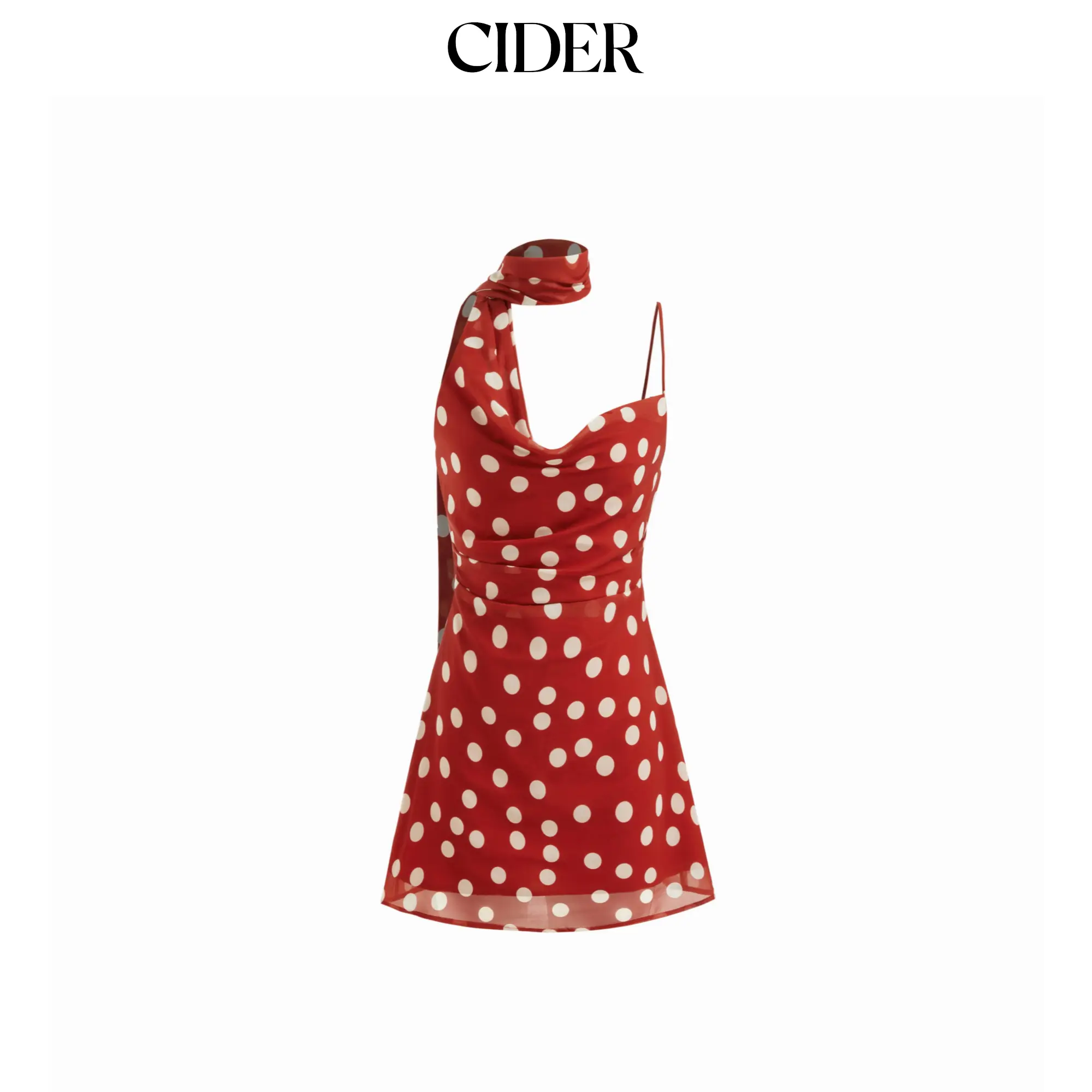 Cider Women's Polka Dot Chiffon A-line Dress, Casual Short Length Cami with Cowl Neck, Ruched Detail & Scarf