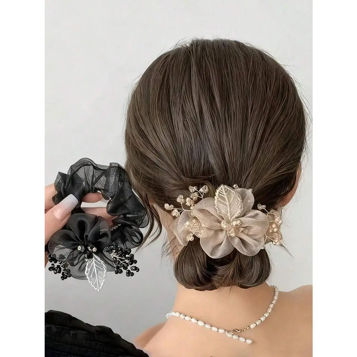 Women's 2-Piece Sweet Polyester Hair Accessories Set - Starry Headband, Organza Big Scrunchie, Fashion Hair Clips, Flower Decor - Christmas Stocking Stuffers, Travel Gift, Flowers