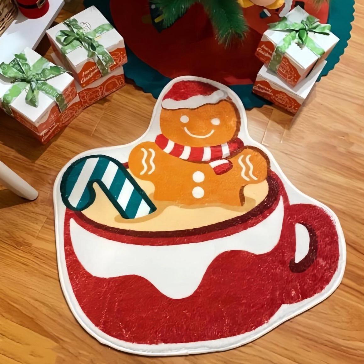 28in Non-Woven Fabric Gingerbread Cup Rug - Candy Cane Print, Soft, Machine Washable, Decorative Holiday Home Decor, Ideal for Room Use & Gifting (Rug Size Highlighted)