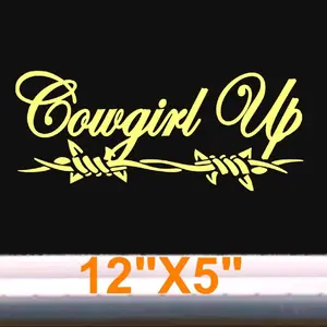 Cowgirl up car decal, vinyl sticker, Western style barbed wire design country girl truck accessory unique southern rodeo theme rustic charm