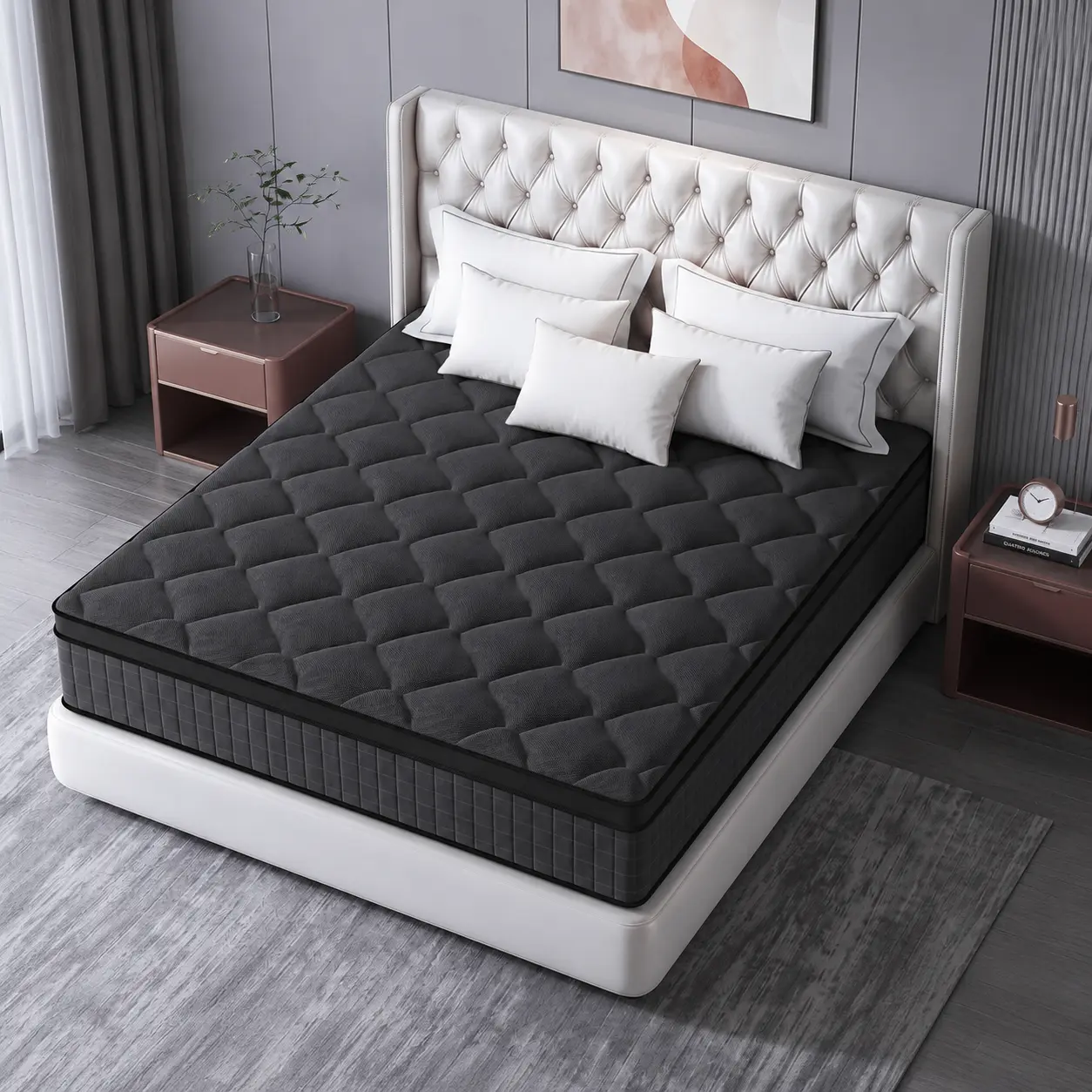 Memory Foam Mattress Complete Set - 8/10/12/14 in, Double/Large/Extra-Large Sizes, Lumbar & Neck Support, Anti-Allergic, for Home Guest Rooms, Firm Edge Boxed Furniture Gift independent spring  black gray