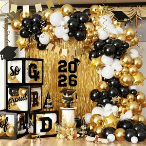 Black & Gold Graduation Party Kit with Balloon Arch, Fringe Curtains & Congrats Grad 2026 Decor