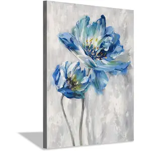 Abstract Blue for Lotus Canvas Wall Art - Hand-Painted Golden Foil Highlights, Textured Floral Print for Bathroom Decor, Pine Wood Frame, Artistic Wall Accent|Textured Canvas Print|Intricate Detailing