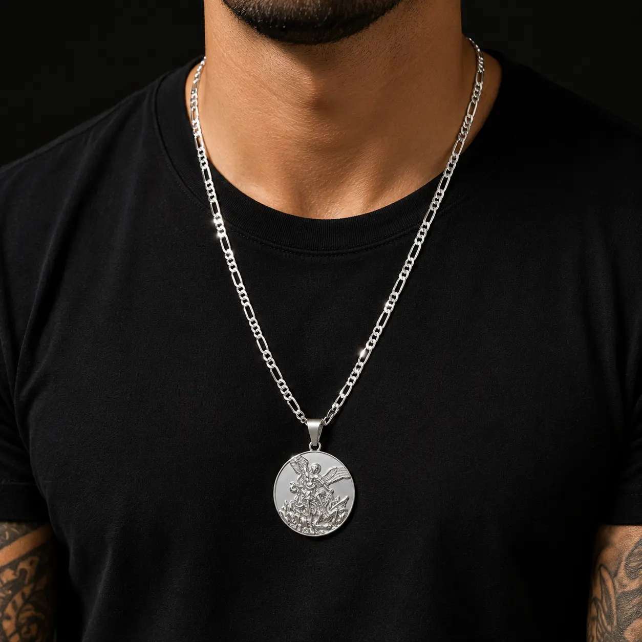 San Miguel Arcángel Medallion – 4MM Flat Figaro Mirror Chain 24in – Unisex