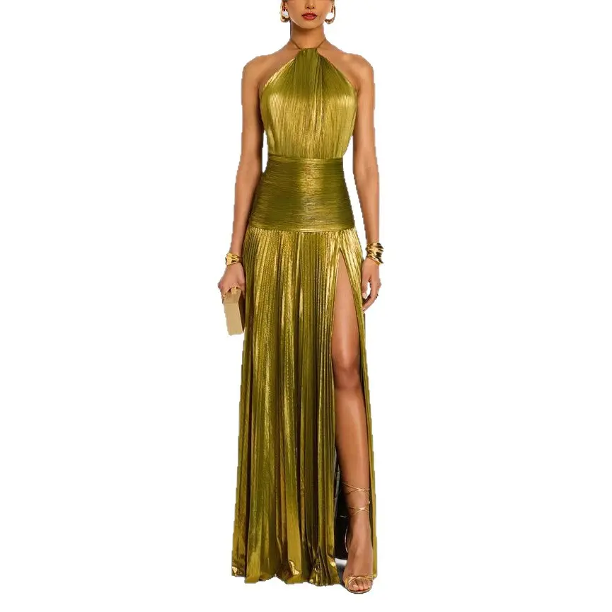 2026 European and American Women's Fashion Metallic Pleated Split Tie Halter Neck Sleeveless Backless Dress....