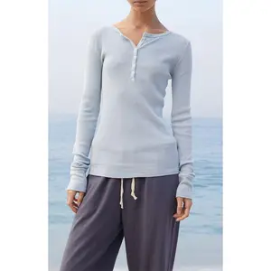 John Galt Women's Light Blue Ribbed Button Long Sleeve Top