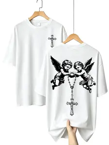 Men's 100% Premium Cotton Oversized Classic Crewneck Short-Sleeve T-Shirt - Double-Sided Divine Guardians Cherub & Rosary Cross Graphic, Matching Menswear Fashion Cargo Fabric Casual Top (White, Unisex)