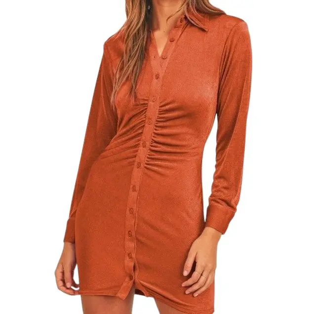 Front Ruched Button-Down Skinny Mini Shirt Dress Long Sleeve Casual elegant  dresses