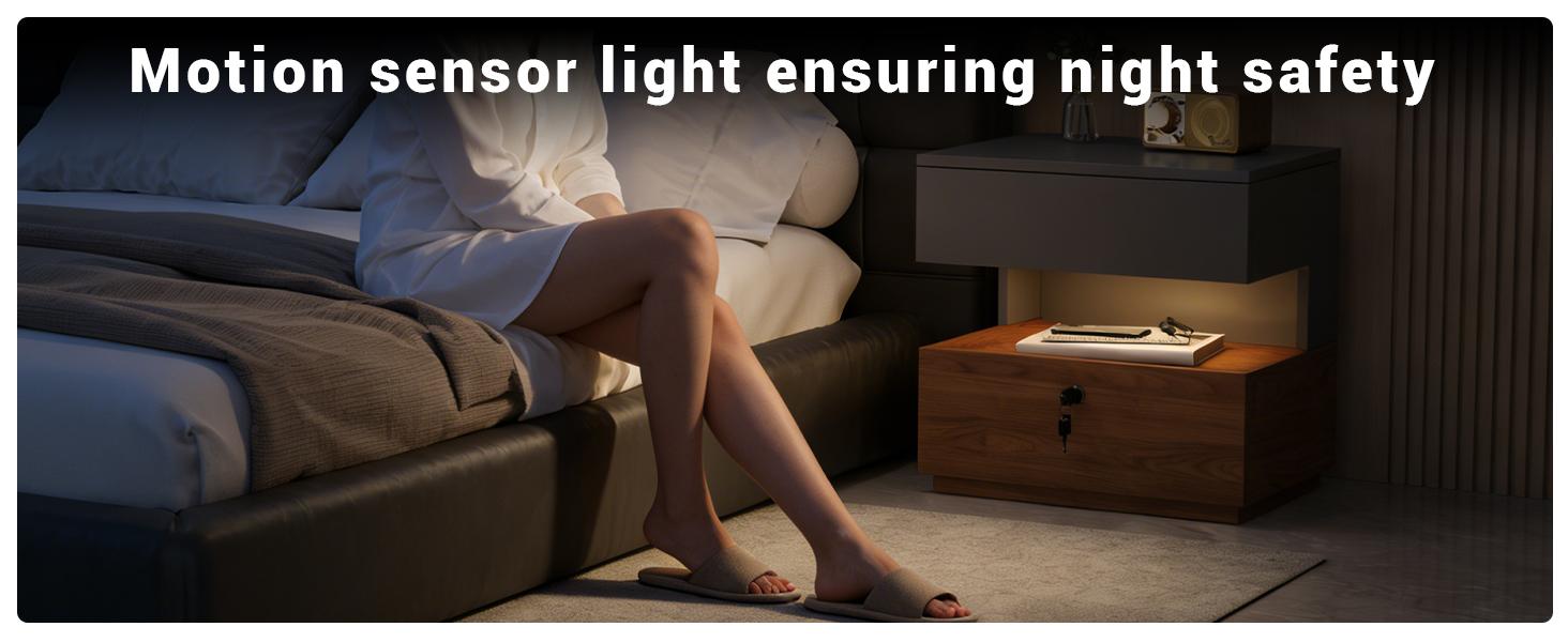 21.65" Floating Nightstand with Motion-Activated LED Light & Lockable Drawer, Modern Grey & Walnut Night Stand with Open Storage Shelf, Bedside Table with 2-Tier Drawer, Mid Century Bedroom Side Table