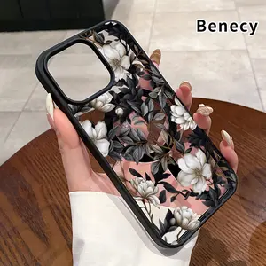 Magnetic Phone Case for iPhone 16 Pro Max 15 Plus 14 13 12 11 XR E XS Magnolia Elegance Pattern Acrylic Back Soft TPU Edge Anti-Slip skin-friendly feel Hard Shell for Girl
