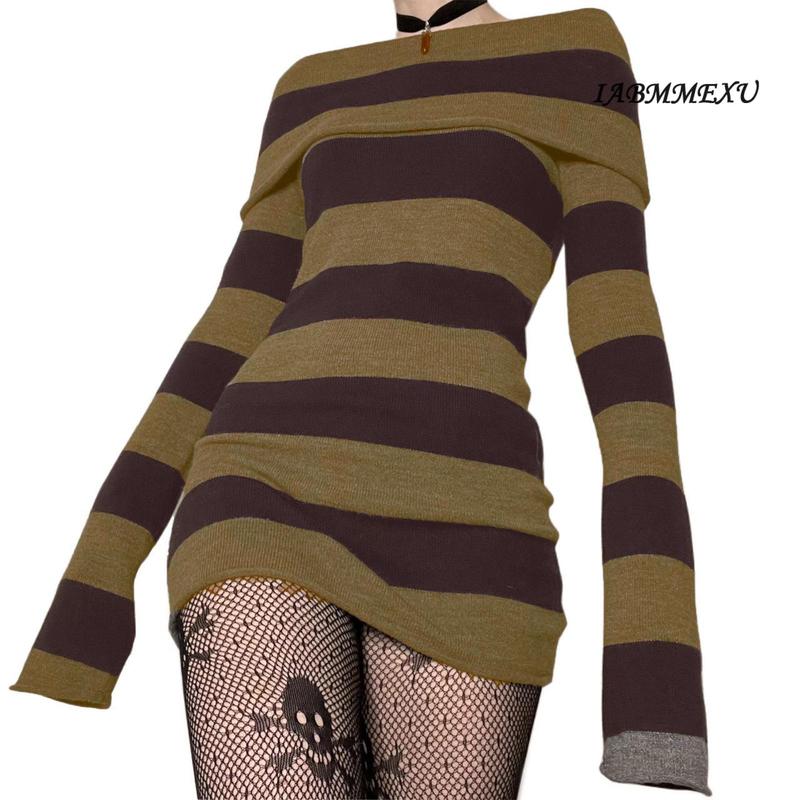 (influencer-approved) Women Gothic Dress Punk Off Shoulder Striped Knit Dress Y2k Fairy Grunge Dress Halloween Dark Academia Clothes Casual Long Sleeve comfortable  dress Summer Black Light Polyester Womenswear Boat Bodycon Check