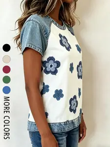 A women's fashionable and gentle casual denim patchwork contrasting short sleeved shirt with loose and slimming design, suitable for summer, home, indoor, and outdoor wear