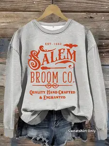 Women's Casual Halloween Witch Print Pullover Sweater, Soft Long Sleeve Round Neck Sweatshirt, Comfortable Daily Wear, Womenswear