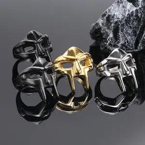 GGRIL Glossy Steel/Golden/Black Stainless Steel Spartan Gladiator Mask Ring Necklace For Men/Teen Boy,，Adjustable Hip-Hop Rap Clothe Matching Party Jewelry, Durable Fashion Men's Jewelry,Personalized Creative Gift For Him/Boyfirend On Birthday/Daily