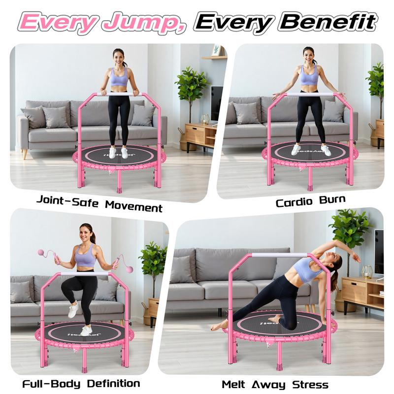 JOY SPOT! 450 LBS Foldable Trampoline 40" Fitness Trampoline with Bungees Adjustable Foam Handle/T Handle No Rope Training Jump Rope Home Gym Workout Stable Quiet Exercise Rebounder for Adults, Valentine's gift