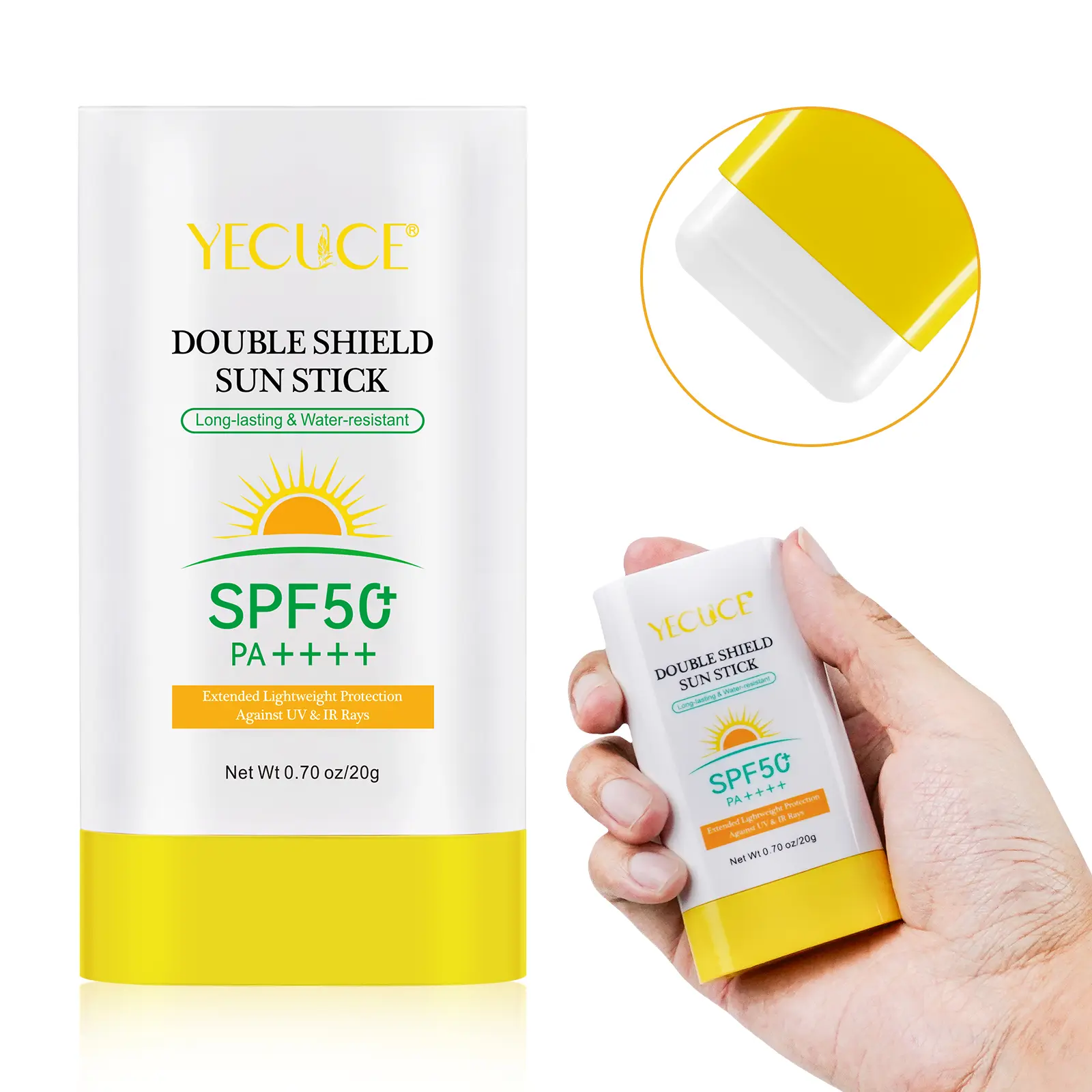 Yecuce Double Shield Solid Facial Sunscreen Stick - SPF50+, 20g, Anti-Ultraviolet, Natural Ingredients, Refreshing Non-Greasy, Portable Sun Protection, Adult-Focused, All Skin Types, Everyday Mini Toiletries for Purse,travel essentials, Olive Oil campinge