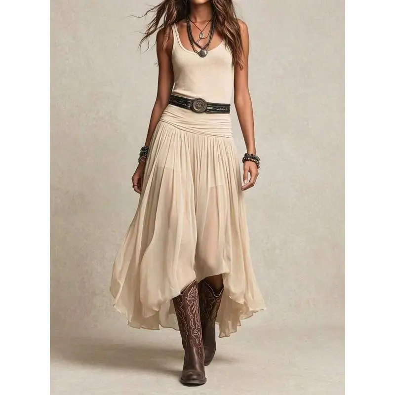Women's 2-in-1 Black Western Clothing Set - Rib Tank Top, Ruched Waist, Sheer Chiffon High-Low Maxi Length Skirt, Cowgirl Outfit