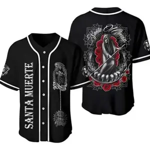 Camisa de la Santa Muerte Baseball Jersey – Unisex Short Sleeve Fitted Jersey Shirt for Men and Women, Fun Graphics, No-Fade