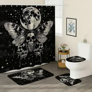 Gothic Skull Moth Moon Bath Curtain Set, Includes Plastic Hooks, Non-Slip Mat, Toilet Pad, Ideal Gift, Shower Curtain Set