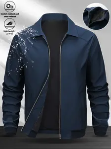 Men's Lightweight Long Sleeve Jacket Stand Collar Windbreaker Full Zip Golf Coat Business Work Casual Classic Collared Spring & Fall Woven Fabric Plain Fitted Style