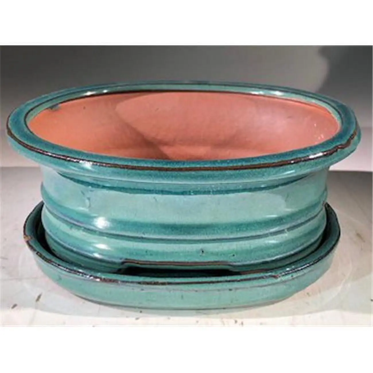 212 MAIN Oval Ceramic Plant Pot (7x5.5x3 in) with Drip Tray, Blue-Green Stackable Garden Planter, Home Decor Ideas for Home & Garden Supplies