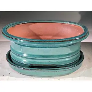 212 MAIN Oval Ceramic Bonsai Garden Planter (7x5.5x3 in) with Drip Tray, Blue-Green Stackable Pots, Home Decor Ideas for Home & Garden Use