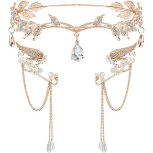 3 Pcs Halloween Rhinestone Leaf Headband Metal Elf Ears Cuffs Fairy Costume Crown Cosplay Accessories for Women