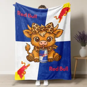 Cozy Red Bull Highland Cow Plush Blanket, Cute Cartoon Cow Drinking Red Bull Graphic Soft Fleece Throw Blanket for Red Bull Viewing Parties, Cow Lover Gifts & Cozy Home Living,summervibes